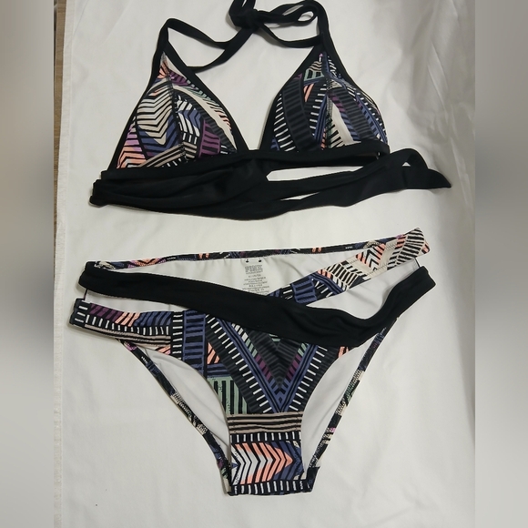 PINK Geometric Black and Multicolor Bikini Set - Picture 1 of 14
